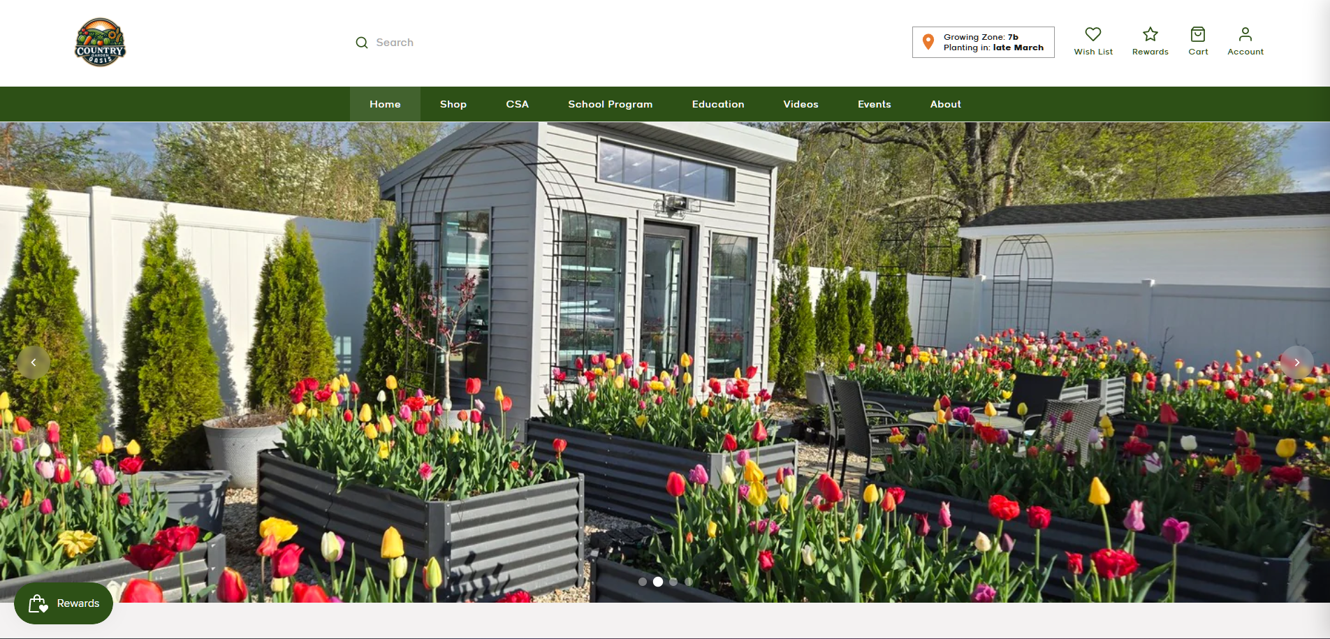 Country Garden Oasis homepage with hero banner and product categories
