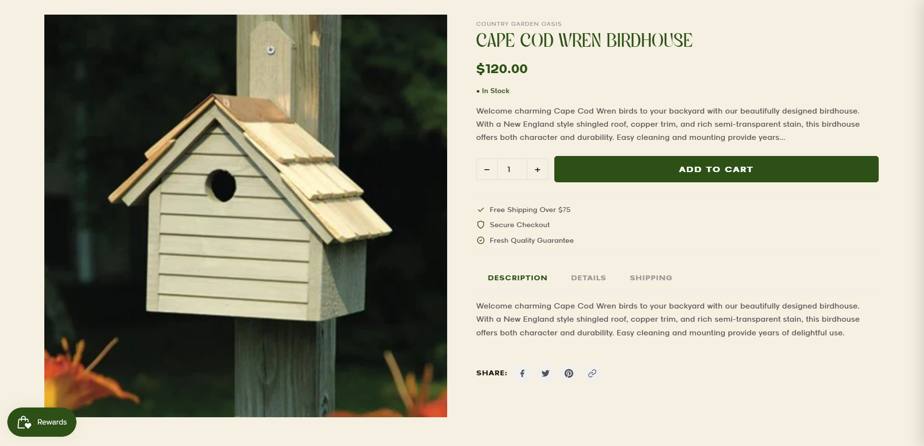 Product detail page for Cape Cod Wren Birdhouse with add to cart