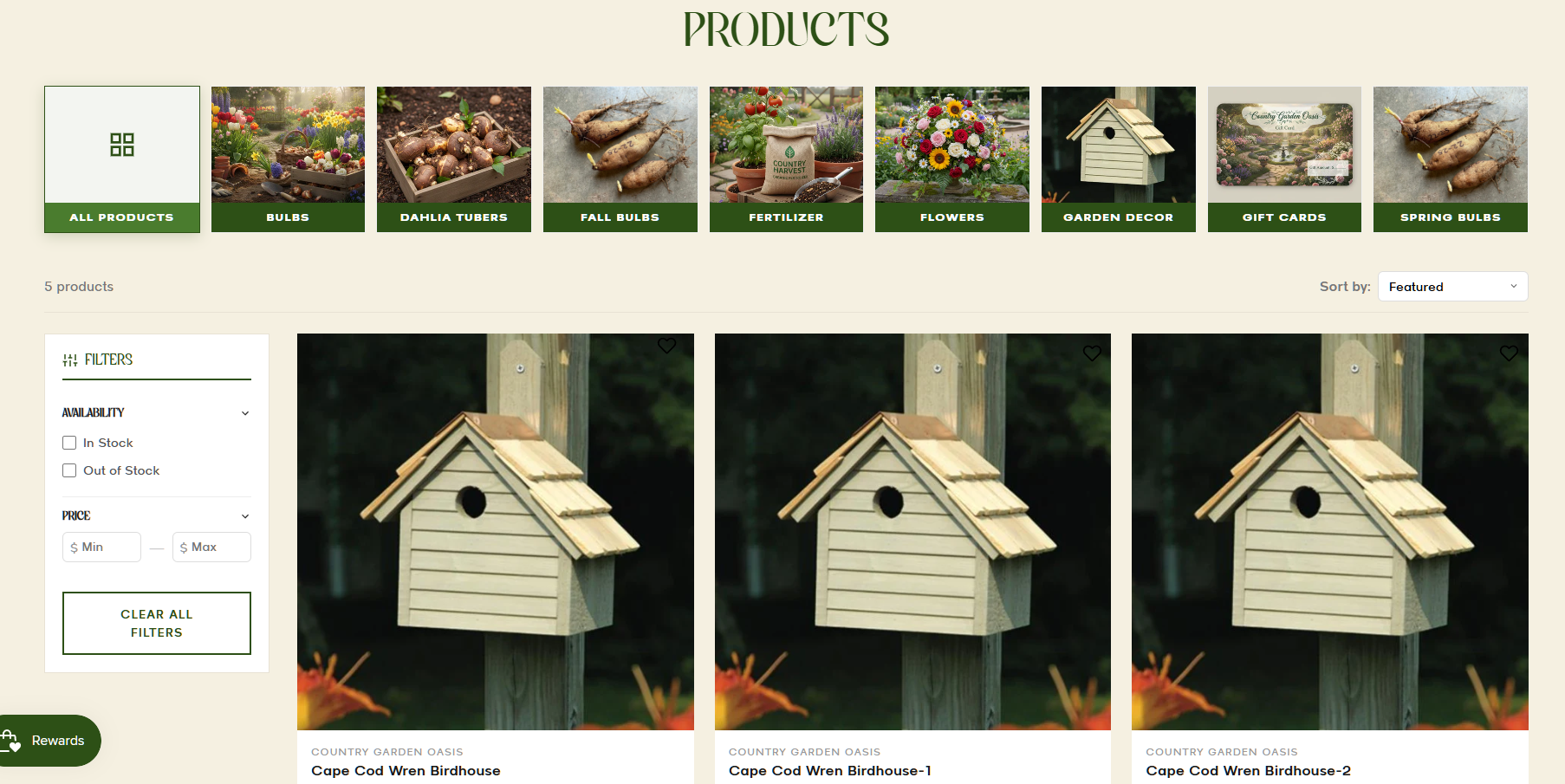 Product catalog page showing spring bulbs and flowers with filtering