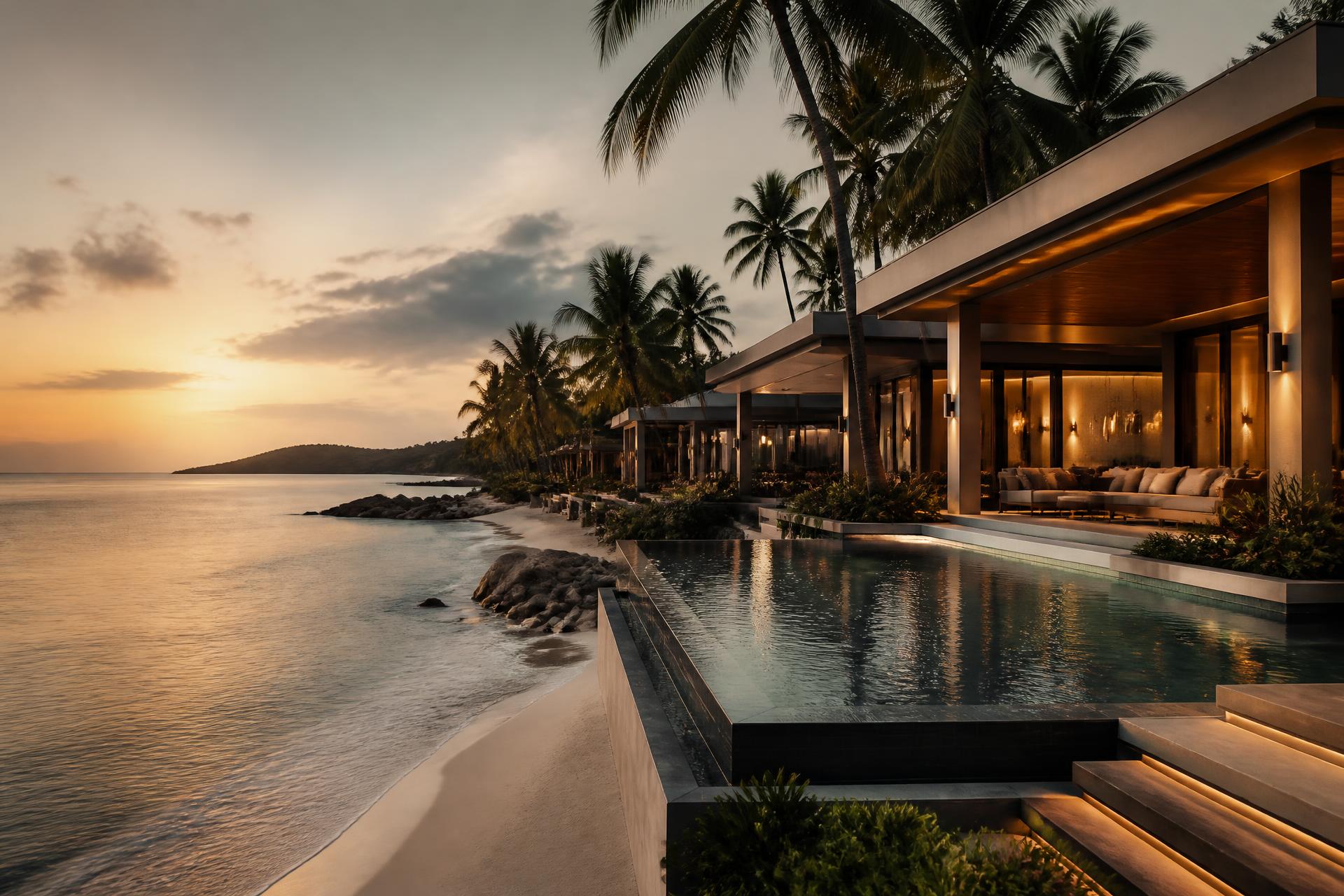 Hotel Lodge Residential beachfront pool terrace at sunset