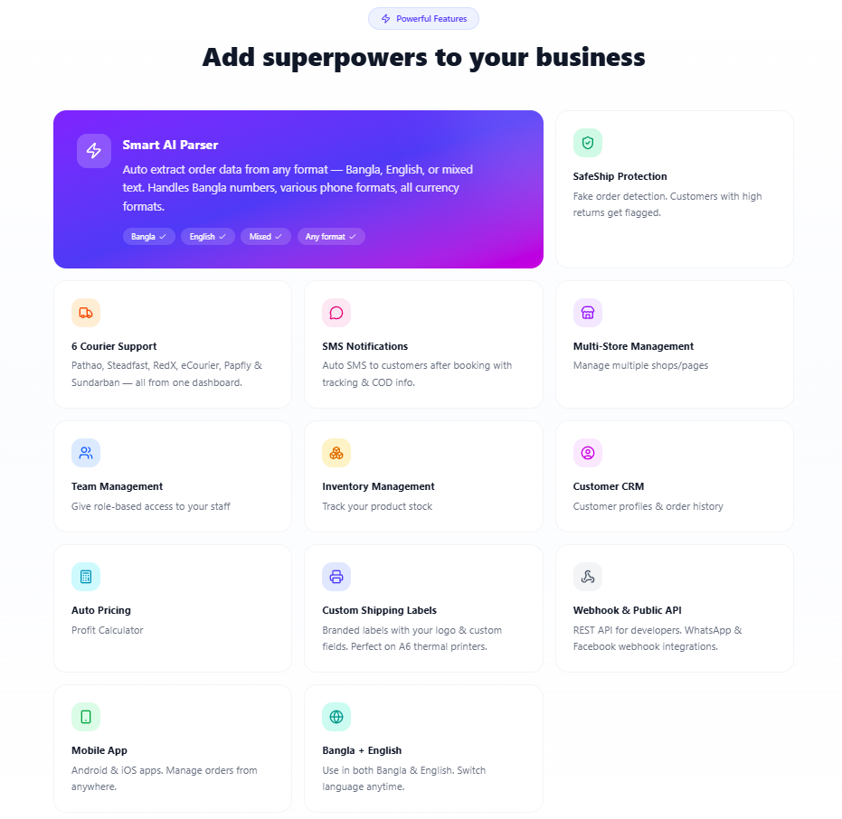 QuickShip features overview showing SafeShip and courier integrations