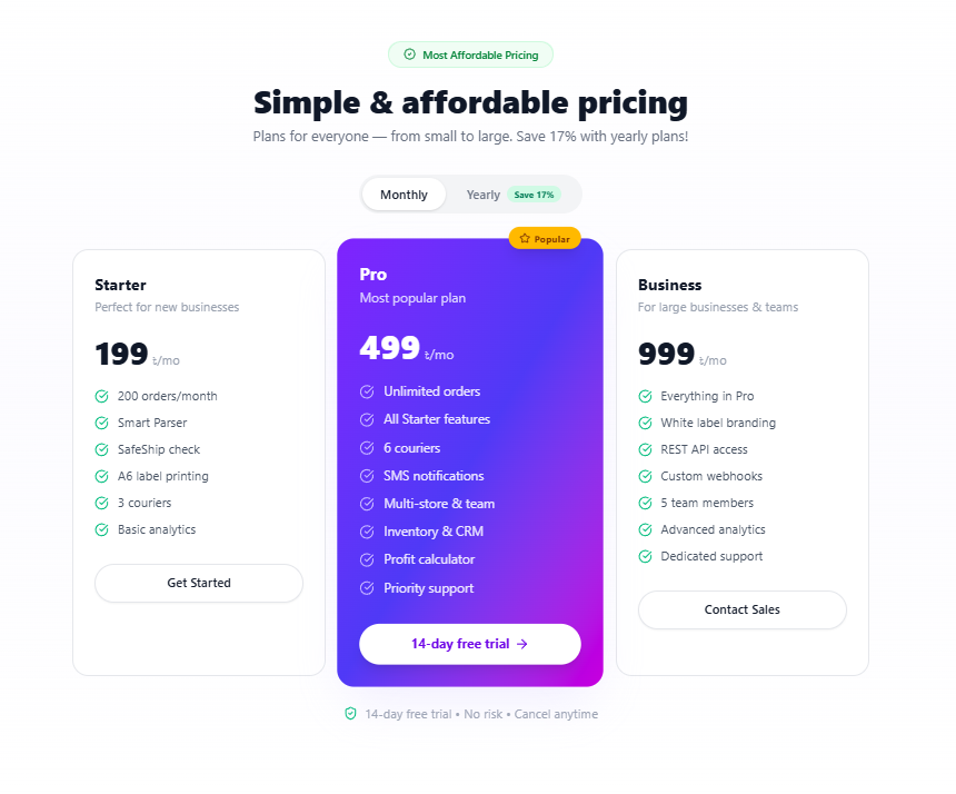 QuickShip pricing plans from starter to business